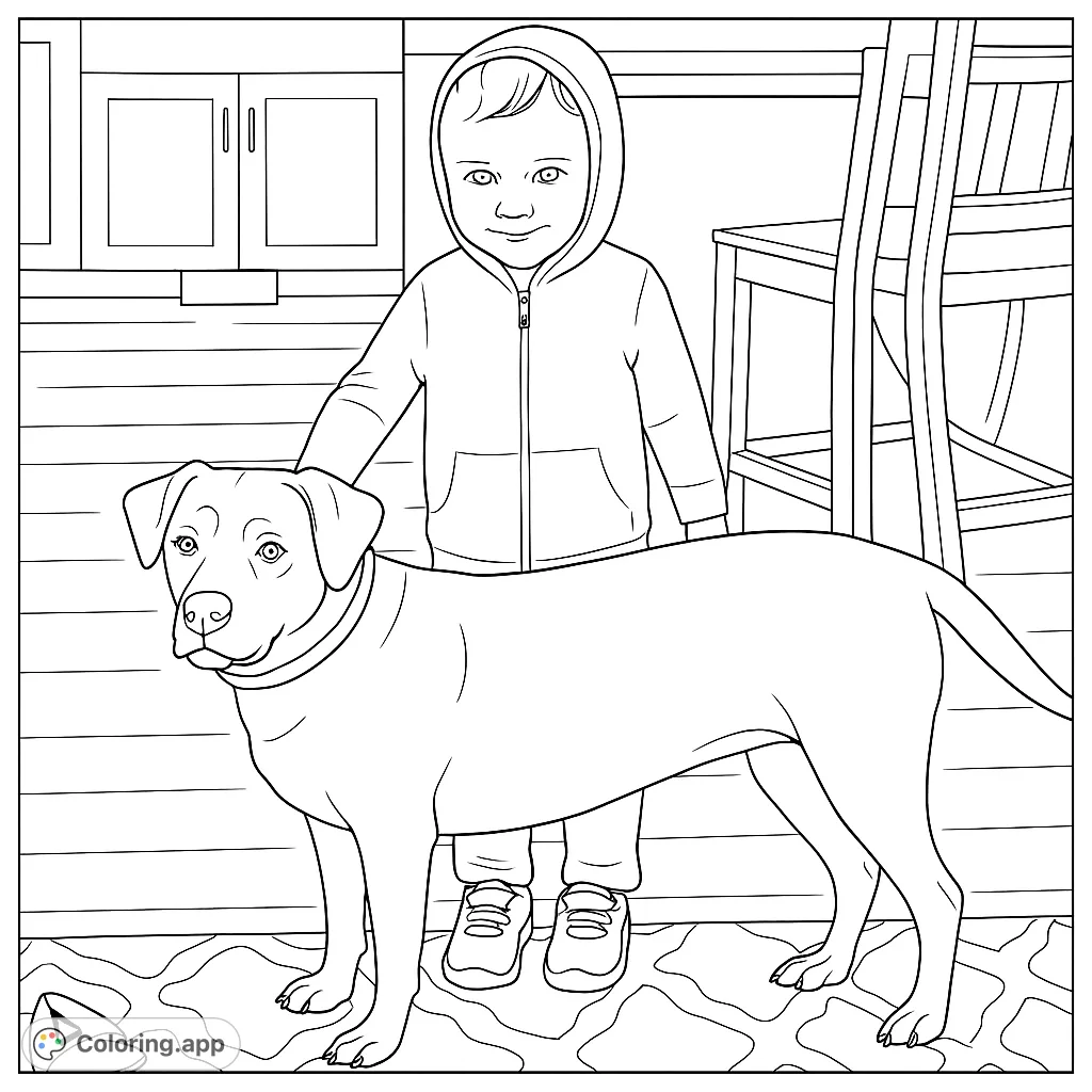 A heartwarming scene of a young boy standing proudly with his loyal dog, ready for a fun coloring adventure. Perfect for pet lovers and kids!