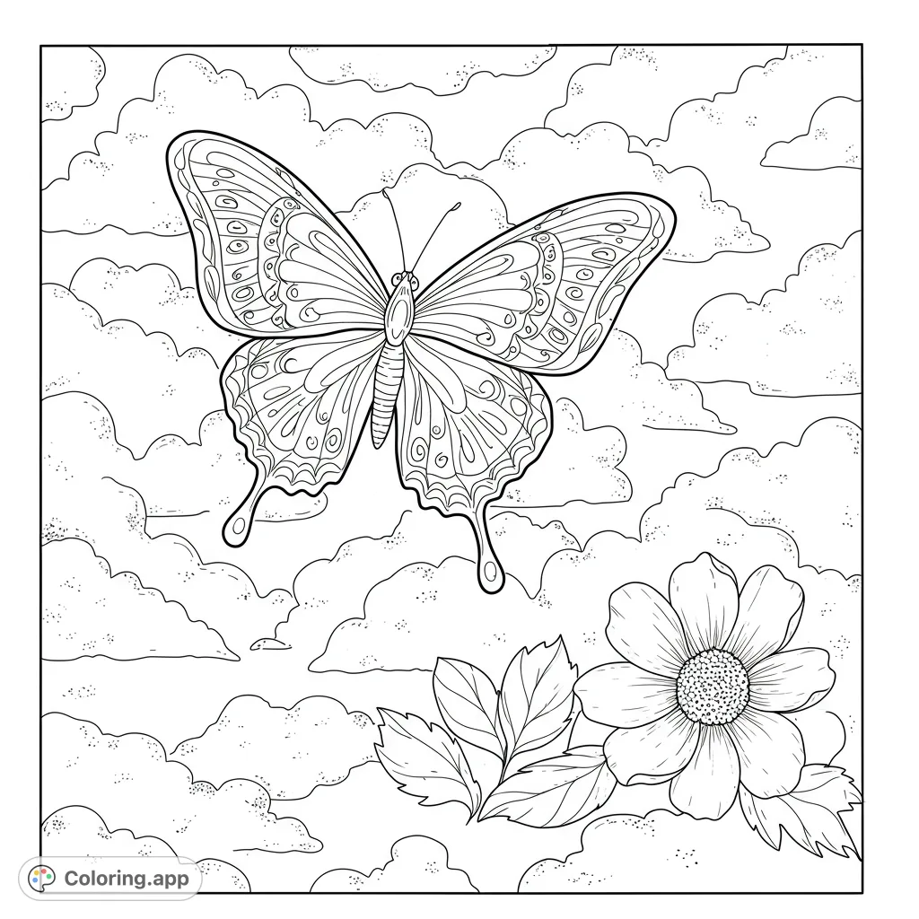 A beautiful nature coloring page featuring a detailed butterfly soaring among fluffy clouds, with a delicate flower blooming below. Perfect for all ages.
