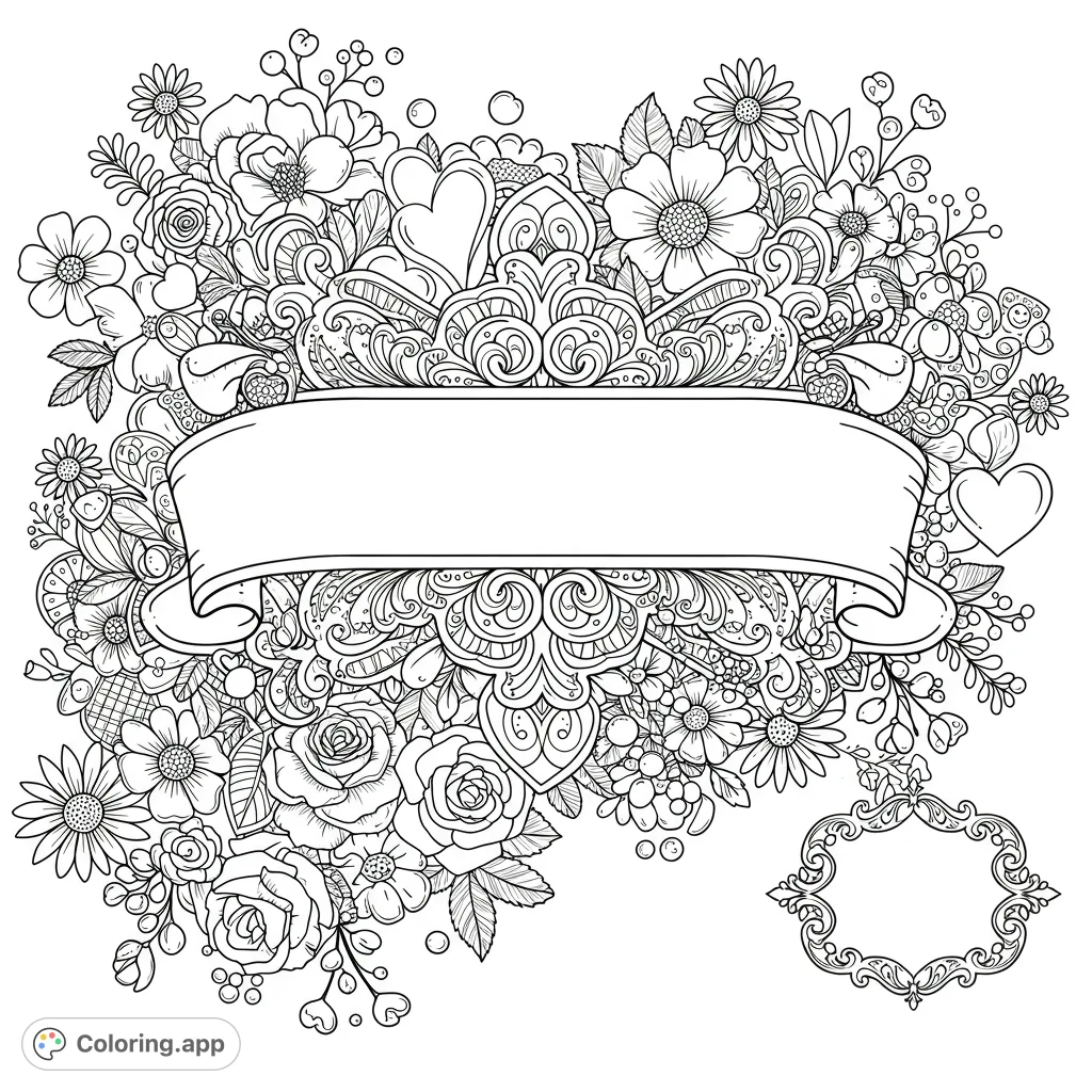 A beautiful floral title page coloring page featuring an ornate central banner, whimsical hearts, and blooming flowers, perfect for creative expression.