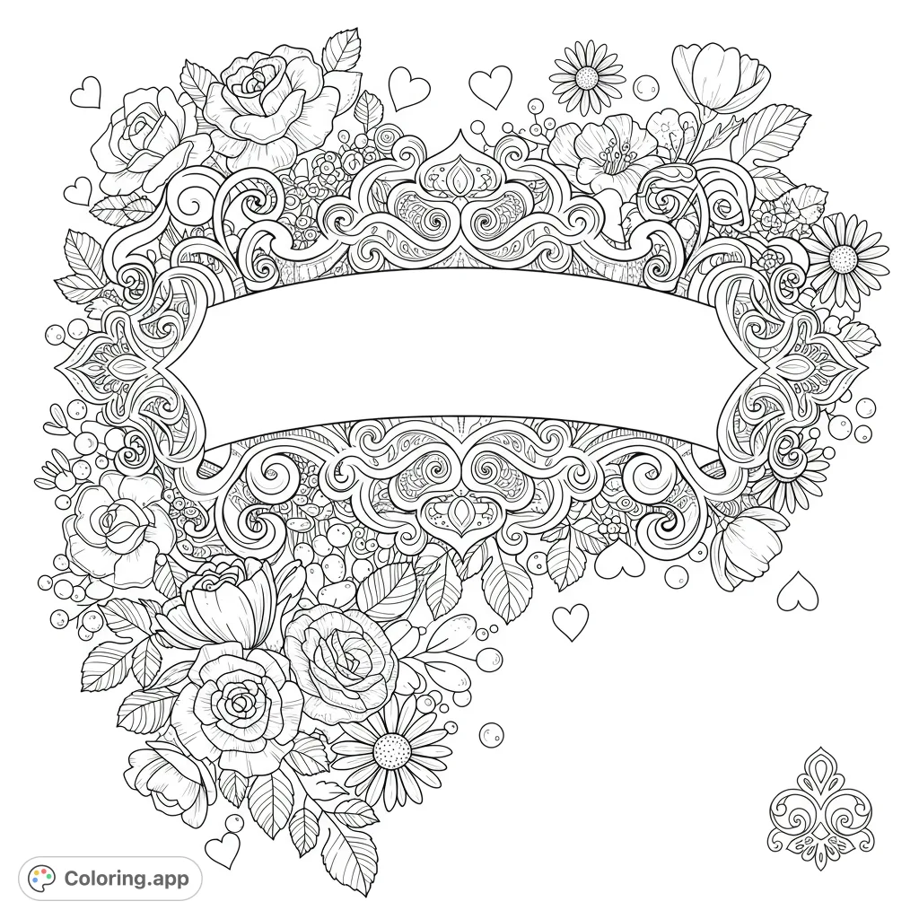 A beautiful floral title page coloring page featuring an ornate central banner, whimsical hearts, and blooming flowers, perfect for creative expression.