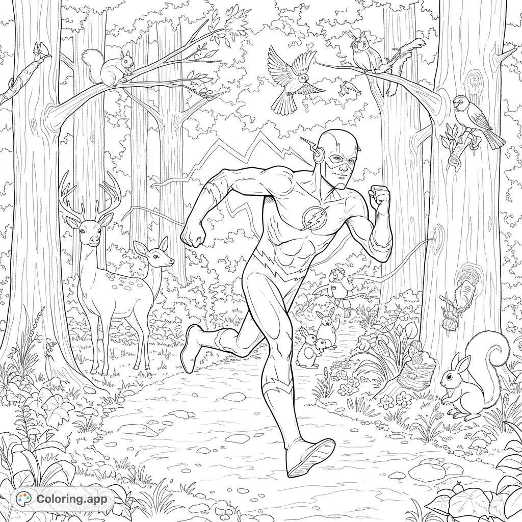 Join The Flash on a super-speed nature trail adventure! A dynamic superhero coloring page featuring deer, squirrels, bunnies, and birds.