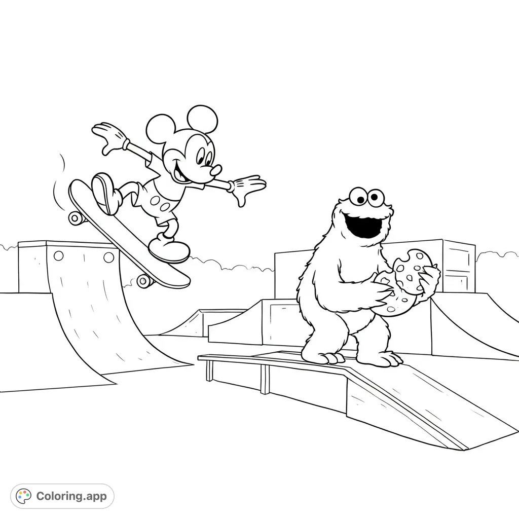 Join Mickey Mouse and Cookie Monster for an epic skateboarding adventure at a lively skate park, ready for your vibrant colors!