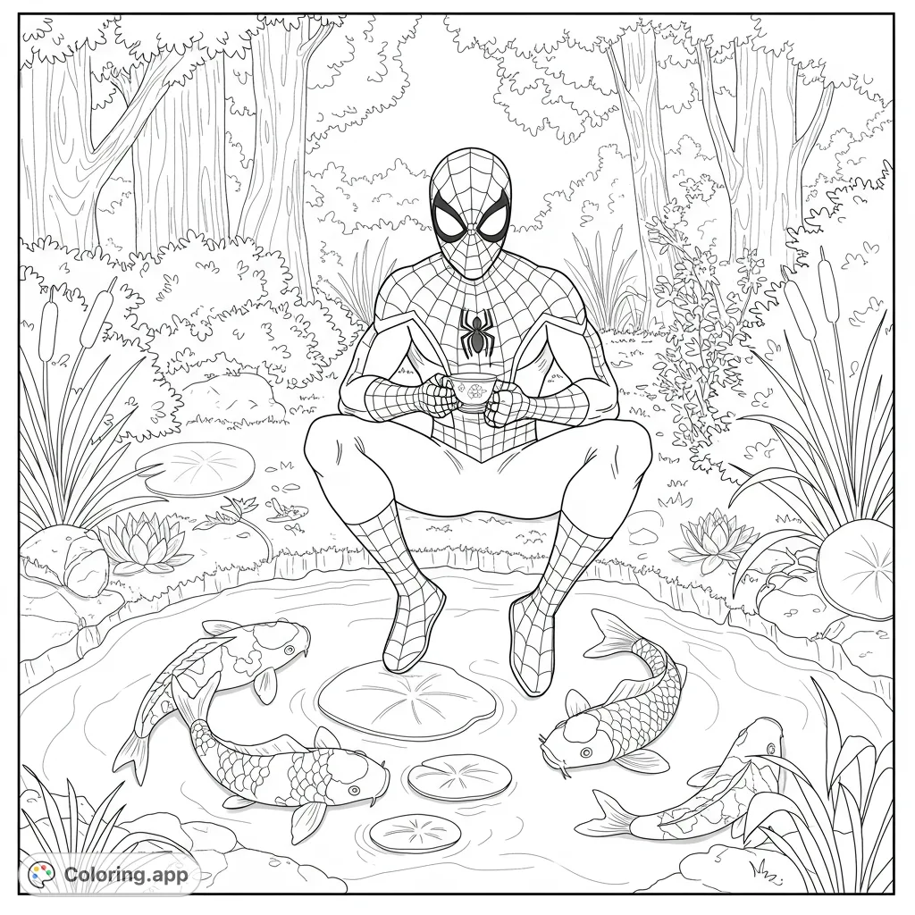 A unique Spiderman coloring page featuring him enjoying tea by a serene koi pond in nature. Perfect for superhero and nature lovers.