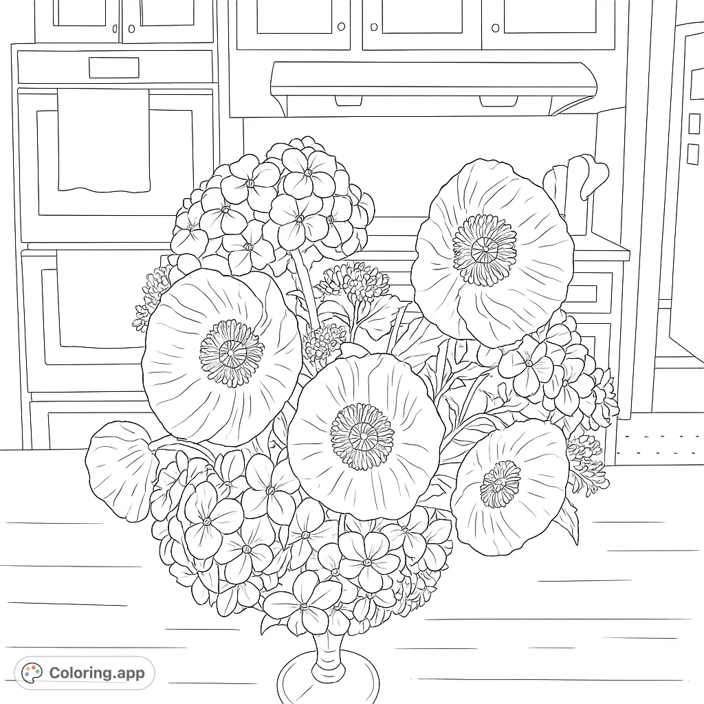 A beautiful bouquet featuring delicate poppies and lush hydrangeas in a clear vase on a wooden table, perfect for a relaxing coloring experience.