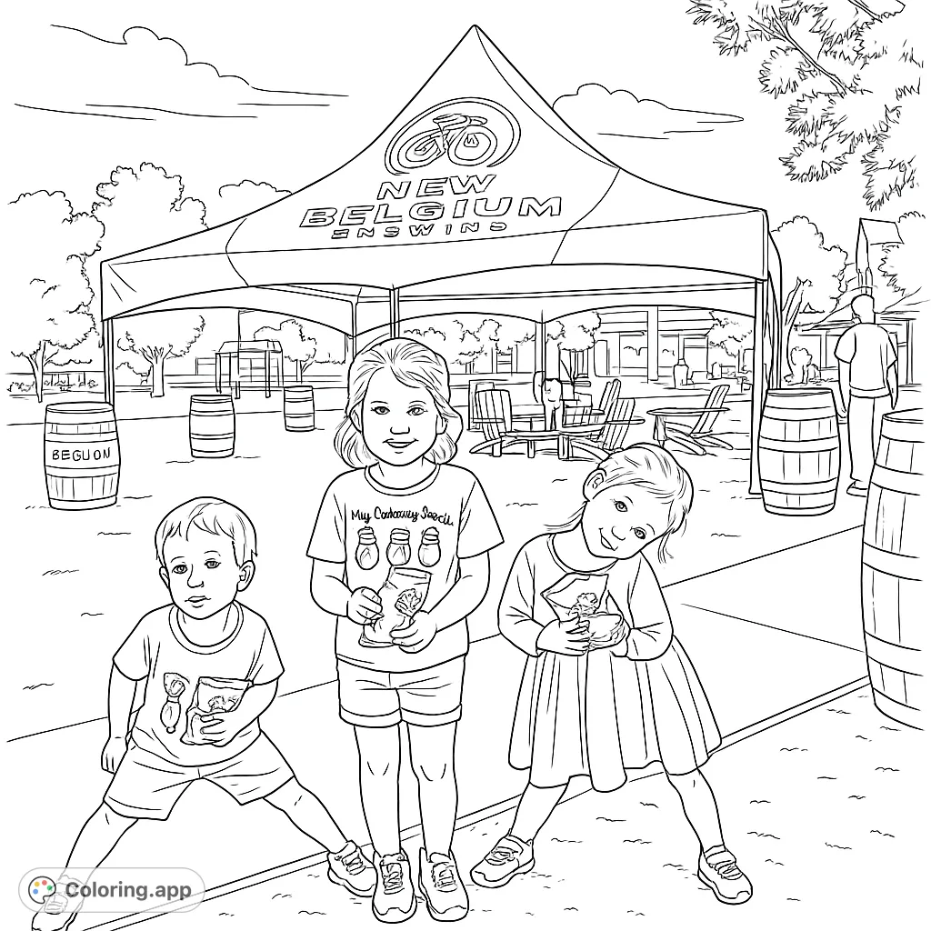 Three happy children stand in front of a large outdoor tent, ready for a fun day. A delightful scene for a free printable coloring page.