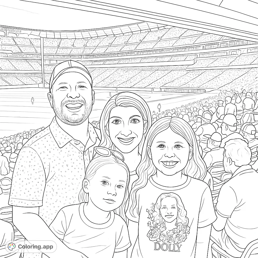 Capture family fun at a baseball stadium. This free printable coloring page features a smiling family with a detailed stadium background.