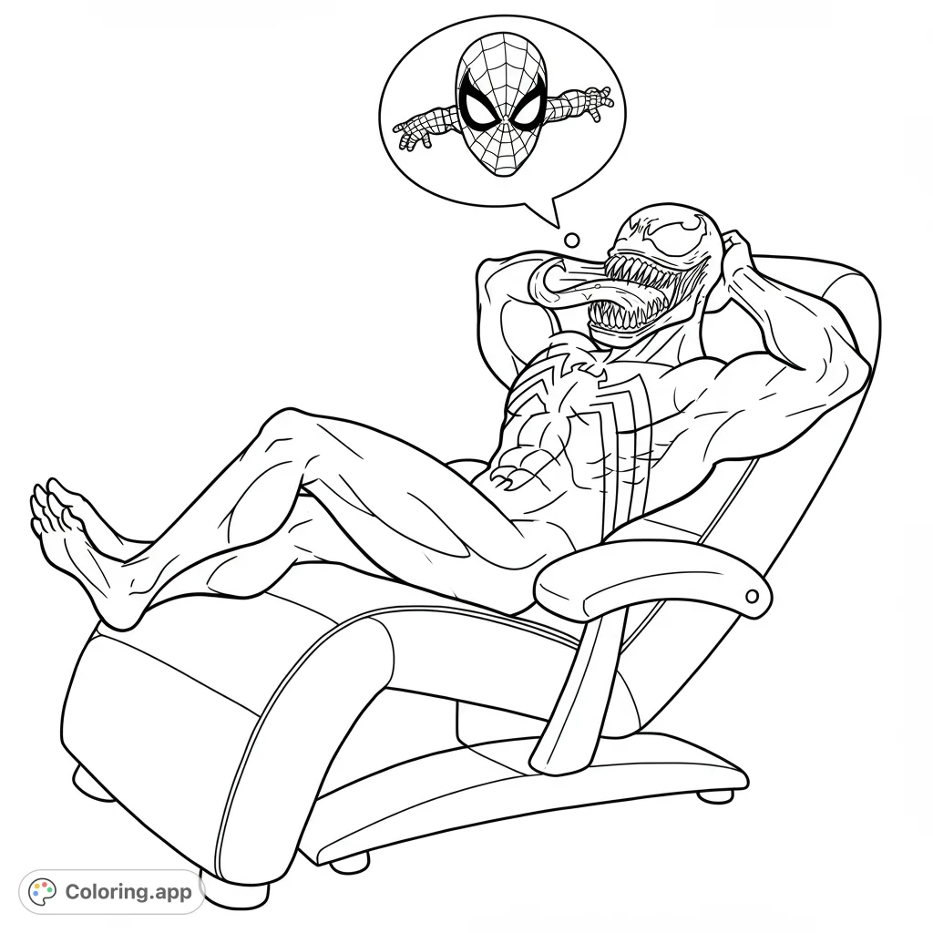 A unique Venom coloring page featuring the anti-hero on a therapy chair, deep in thought about Spider-Man. Perfect for fans!