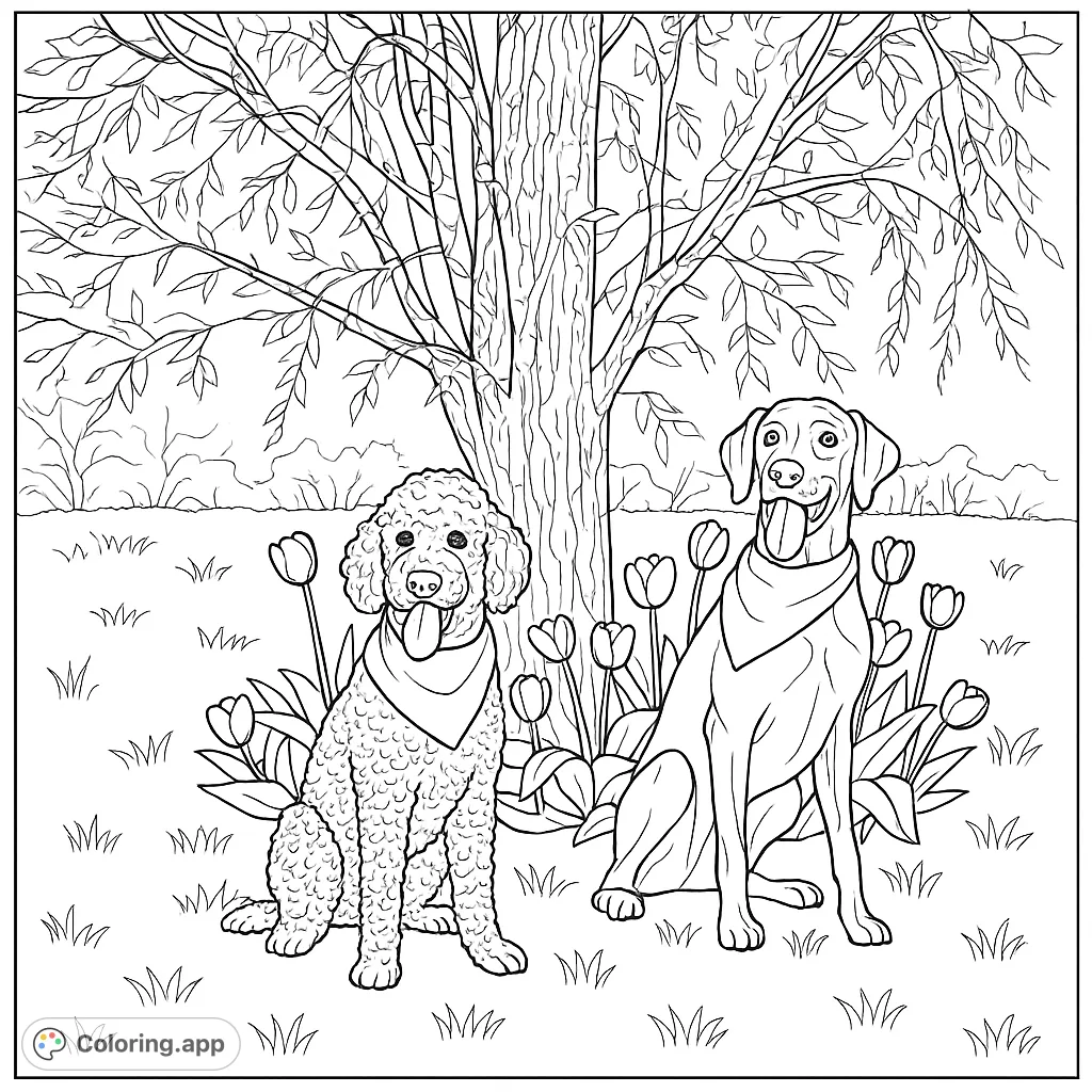 Two happy dogs with bandanas sit by a tree amidst blooming tulips, perfect for a spring coloring adventure. A delightful free printable coloring page.