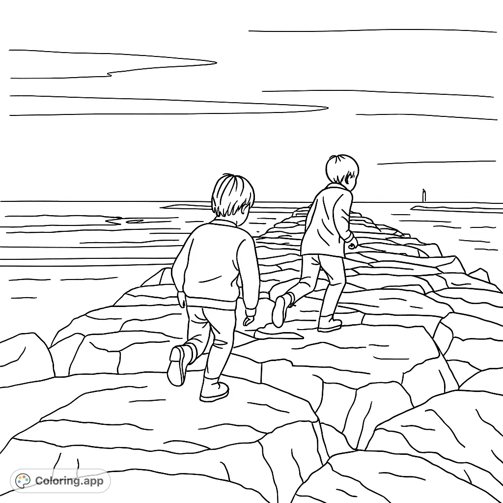 Two kids explore a rocky coastal jetty with ocean waves and sandy beach. A free printable adventure coloring page for all ages.