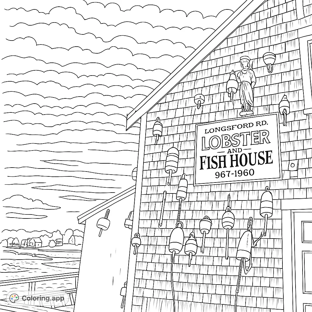 A charming coastal building adorned with many unique fishing buoys, overlooking a serene bay. Perfect for a nautical coloring page.