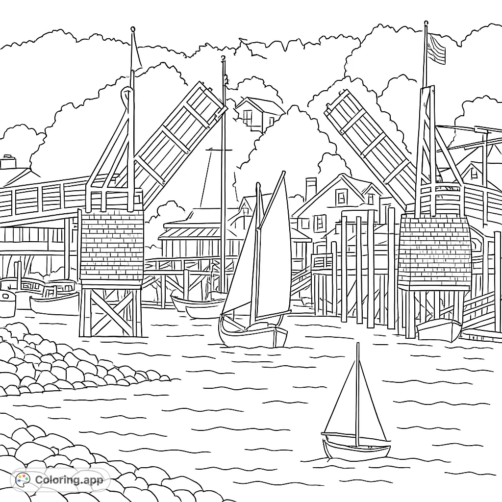 A charming coastal town scene featuring a raised drawbridge, a sailboat passing through, and quaint waterfront buildings. Perfect for all ages!