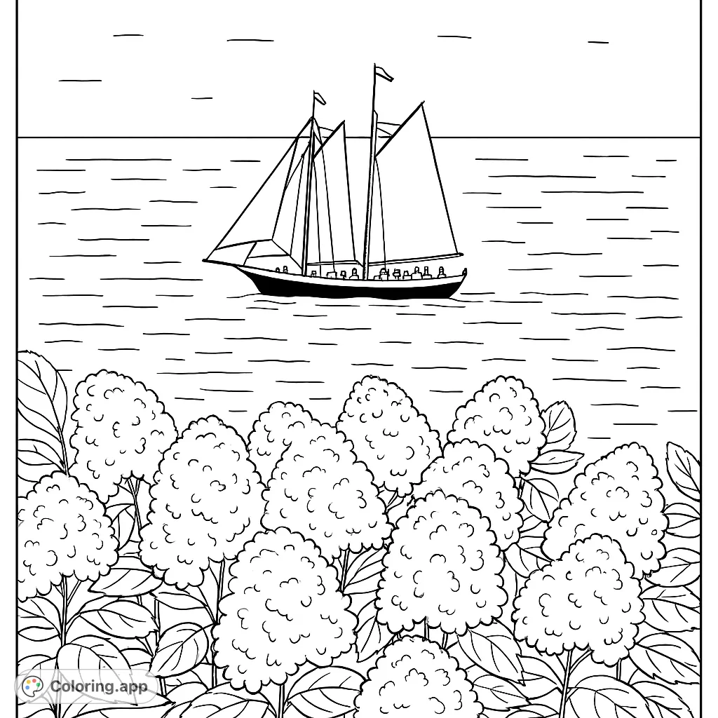 A majestic sailboat glides across the water, framed by lush, detailed hydrangea blossoms. A serene coastal scene perfect for coloring.