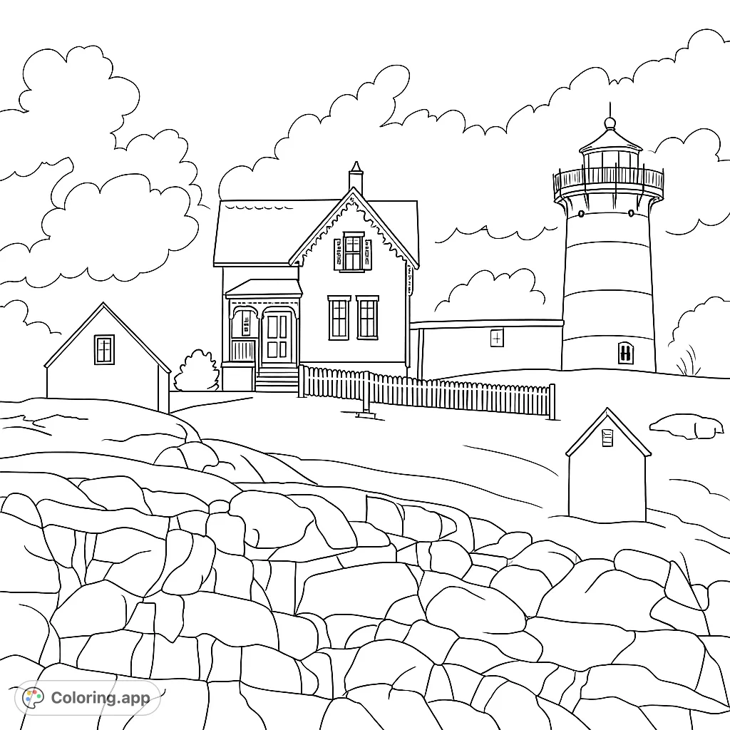 A majestic lighthouse stands tall beside its charming keeper's house on a rocky coastal hill, with a picket fence and small outbuildings. A serene scene for coloring.