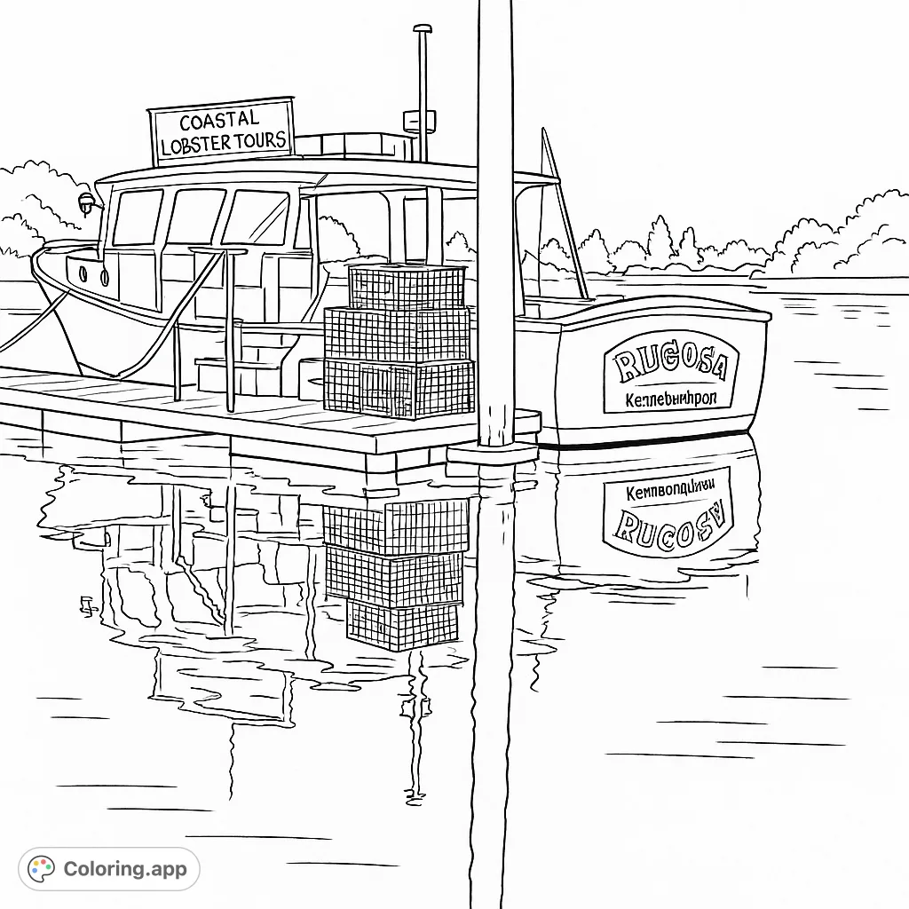 A detailed coastal lobster boat coloring page, featuring a classic vessel docked with lobster traps, perfect for maritime enthusiasts and all ages.