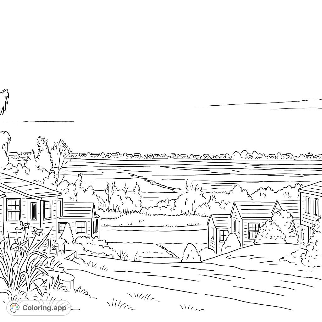 Serene coastal marshland vista with charming houses, winding waterways, and a distant village under a vast sky. Perfect for nature lovers.