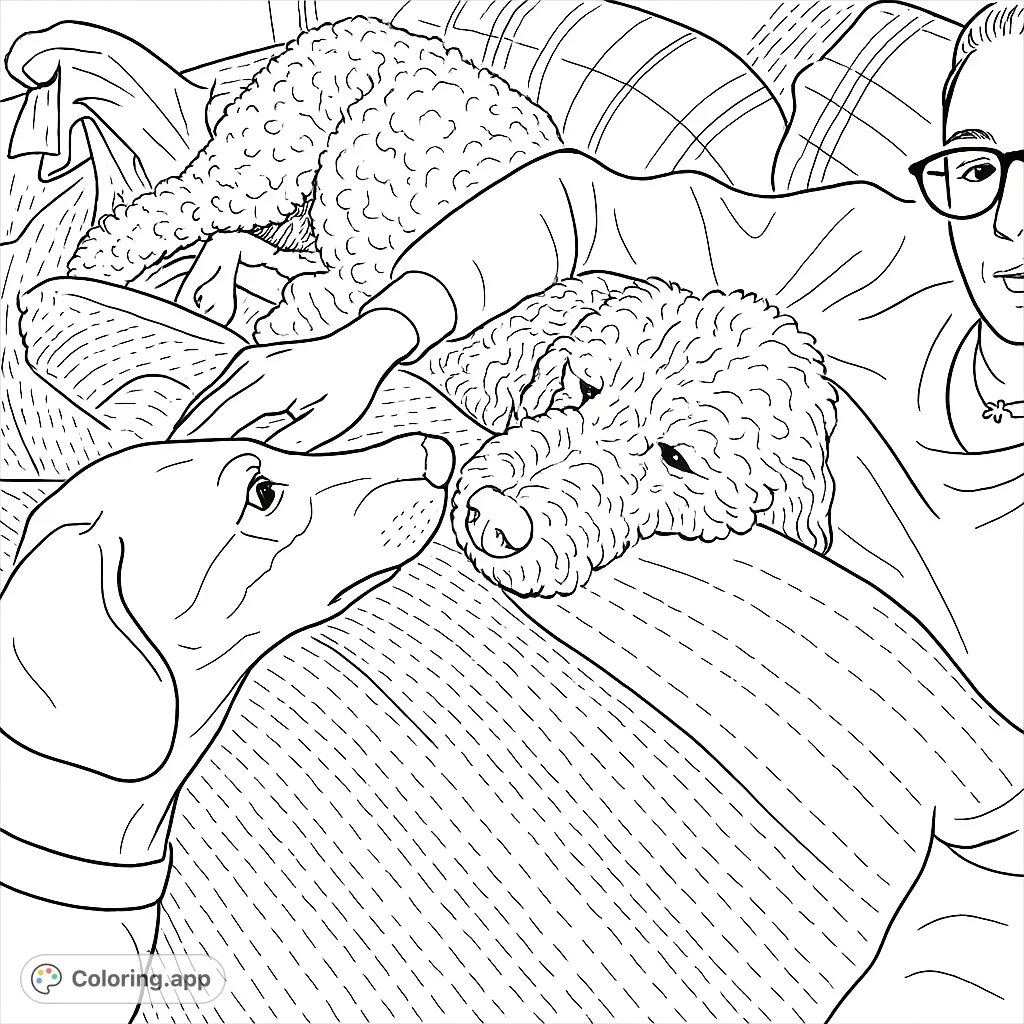 A heartwarming scene of two dogs nose-to-nose on a cozy bed, with a gentle hand petting one, perfect for a relaxing coloring session.