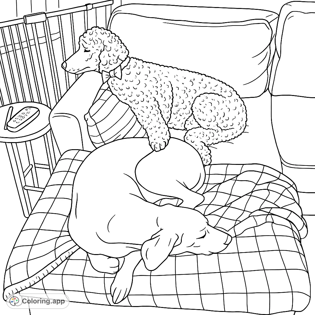 Cozy scene with two dogs napping on a couch and plaid blanket. Perfect for dog lovers to color and relax.