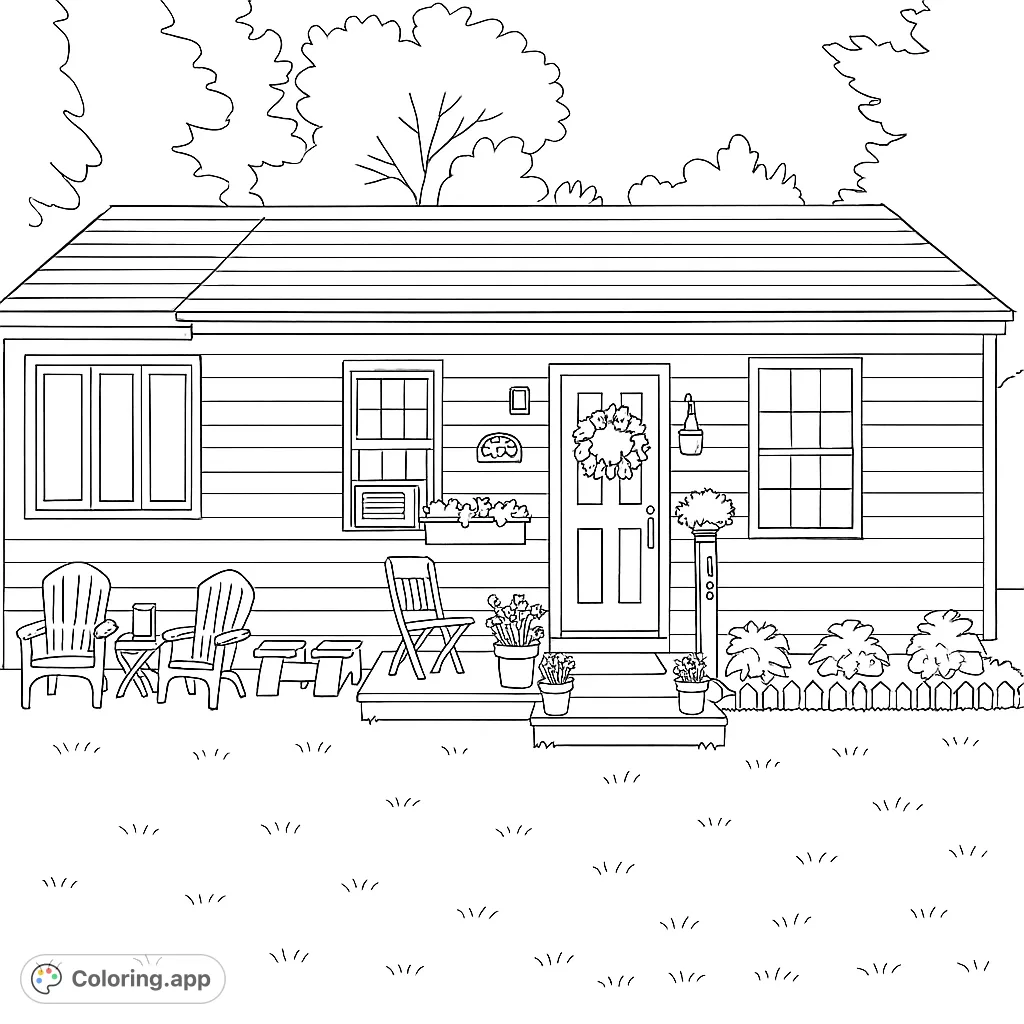 Charming cottage with Adirondack chairs, blooming flowers, and a welcoming porch. A delightful home scene for a relaxing coloring experience.