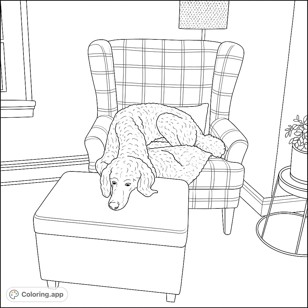 A cozy dog rests across a wingback armchair and ottoman, perfect for a relaxing coloring session. Features intricate textures and a warm home scene.