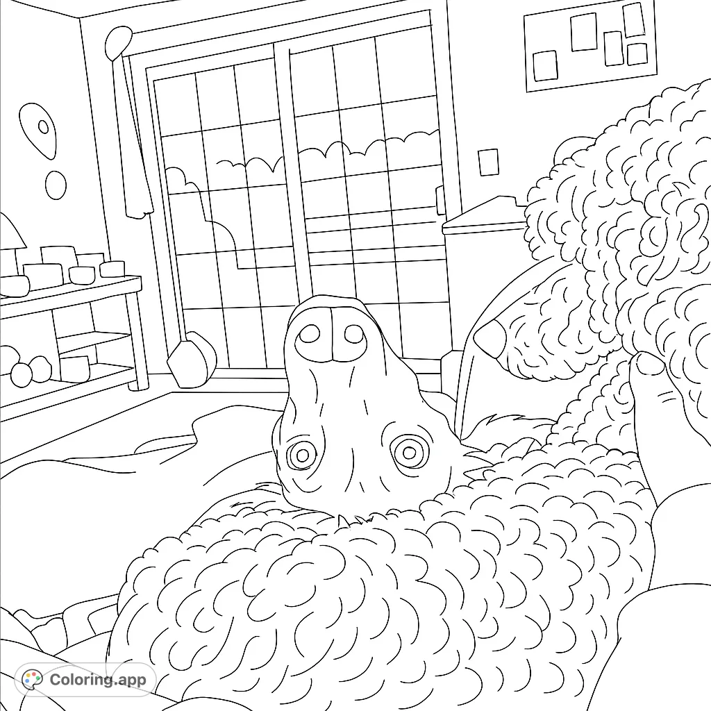 A heartwarming close-up of a dog's snout and curly fur, with a gentle hand resting on its back, set against a soft indoor background.