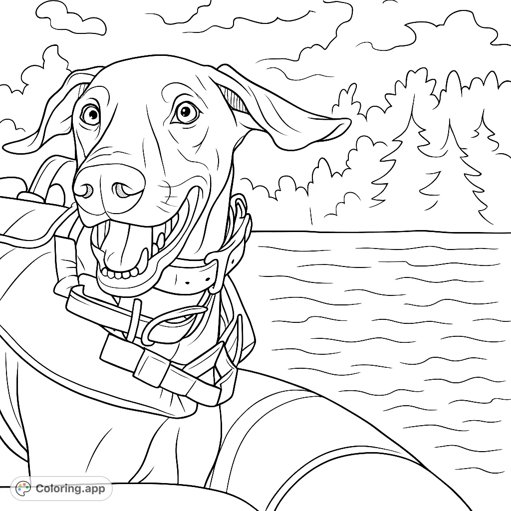 A happy Doberman in a life vest on a boat, ready for adventure. Perfect for dog lovers and summer fun!