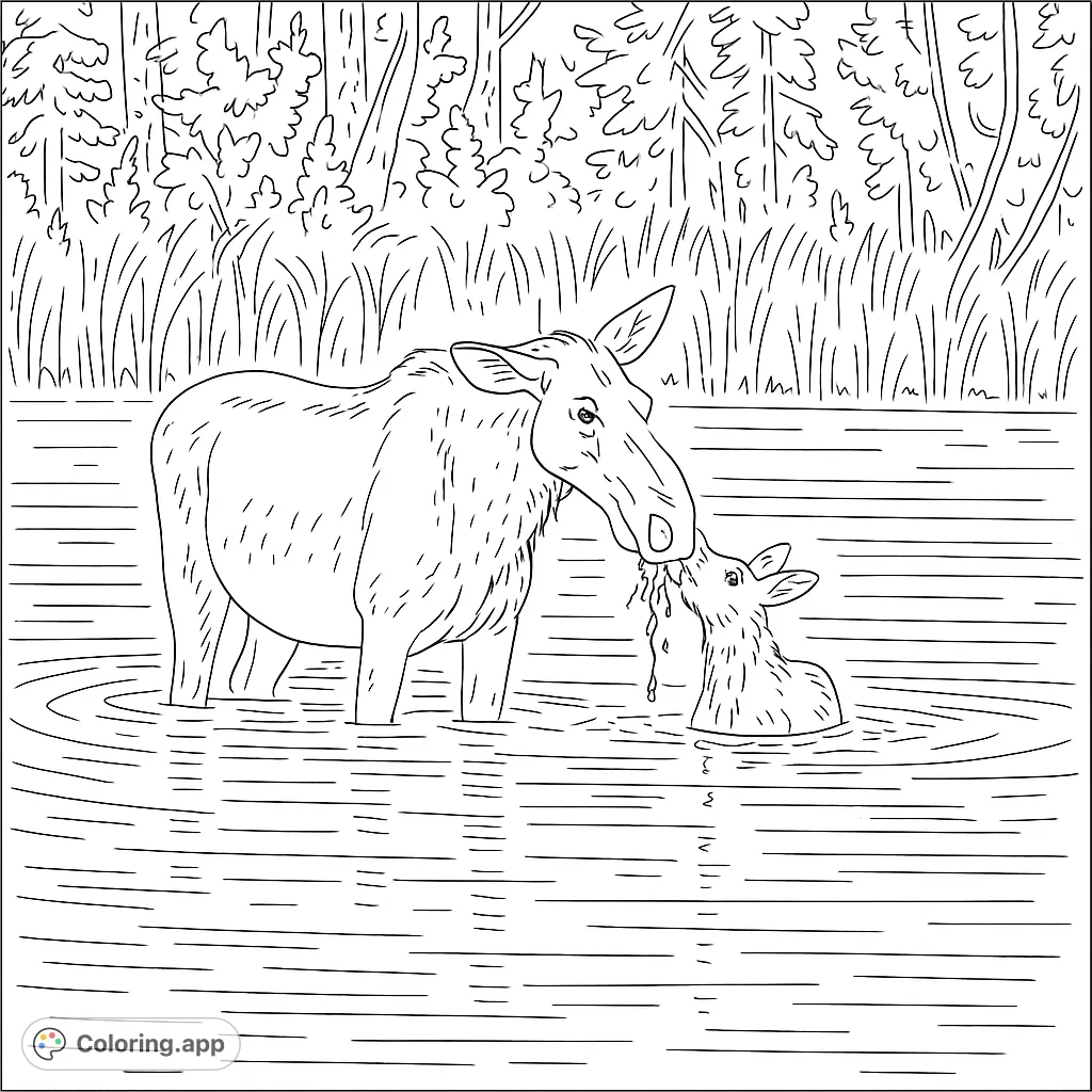 A tender moose mother and her calf share a moment in a serene lake, surrounded by lush forest. A beautiful wildlife scene for coloring.