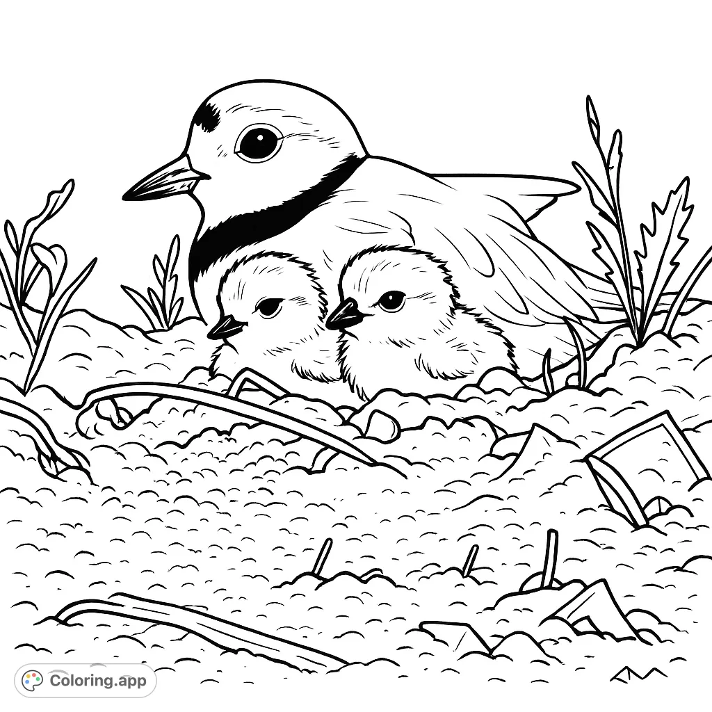 A heartwarming Piping Plover family coloring page featuring a mother bird and two fluffy chicks nestled on sandy ground. Perfect free printable coloring page for nature lovers.