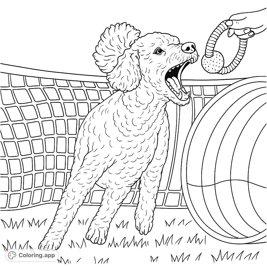 Energetic poodle leaping for a toy during an agility course, with a grid fence and tunnel in the background. A dynamic dog coloring page.