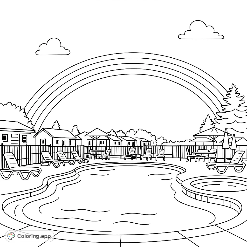 A vibrant rainbow arches over a serene resort pool, surrounded by charming cabins and lounge chairs, inviting a relaxing coloring experience.