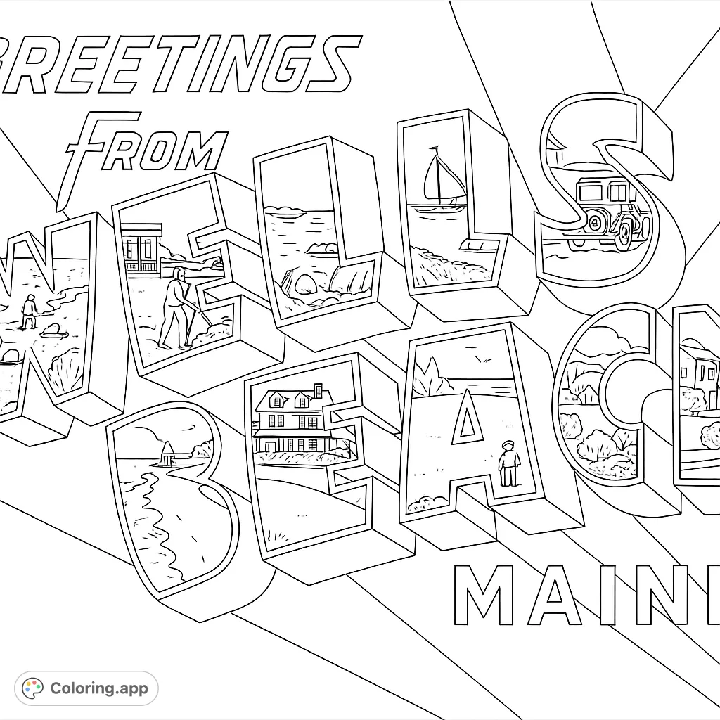 Explore a vintage-style coloring page featuring large block letters filled with detailed coastal and town scenes, perfect for a nostalgic escape.