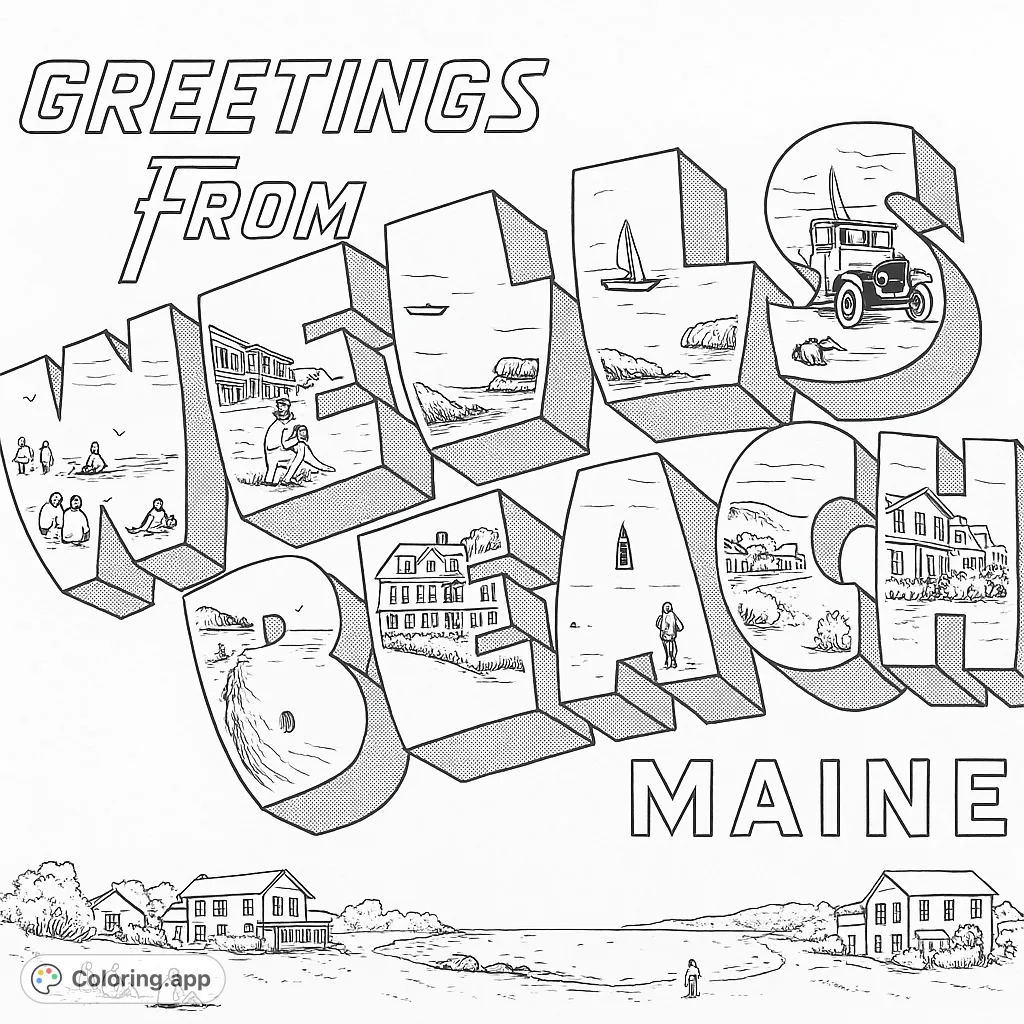 Explore Wells Beach, Maine, through a unique vintage postcard design. Each letter reveals a different scenic view, perfect for a nostalgic coloring experience.