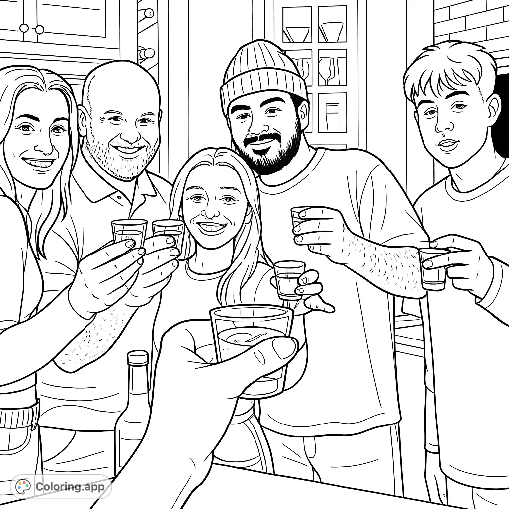 A lively group of friends raising shot glasses in a joyful kitchen toast. Capture the spirit of celebration and friendship with this fun, free printable coloring page.