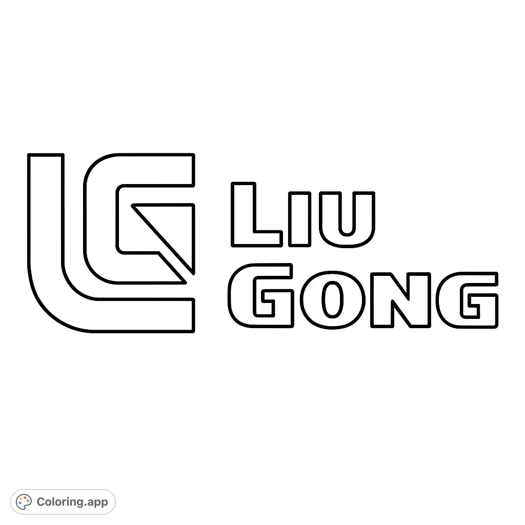 A bold industrial logo coloring page featuring a stylized LG monogram and the word LiuGong in clean, block letters, perfect for precision coloring.