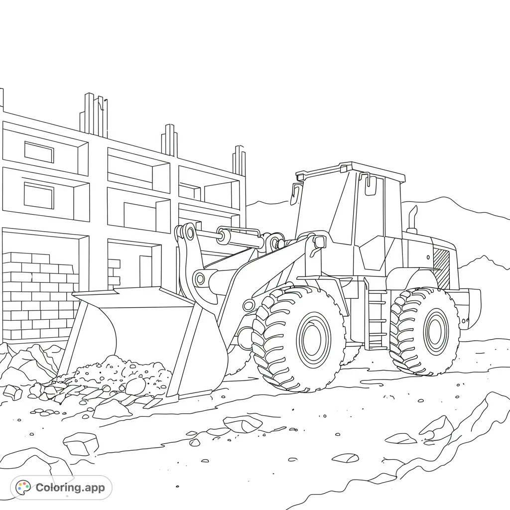A powerful loader at a busy construction site, ready for coloring. Perfect for vehicle enthusiasts and aspiring builders. Free printable coloring page.