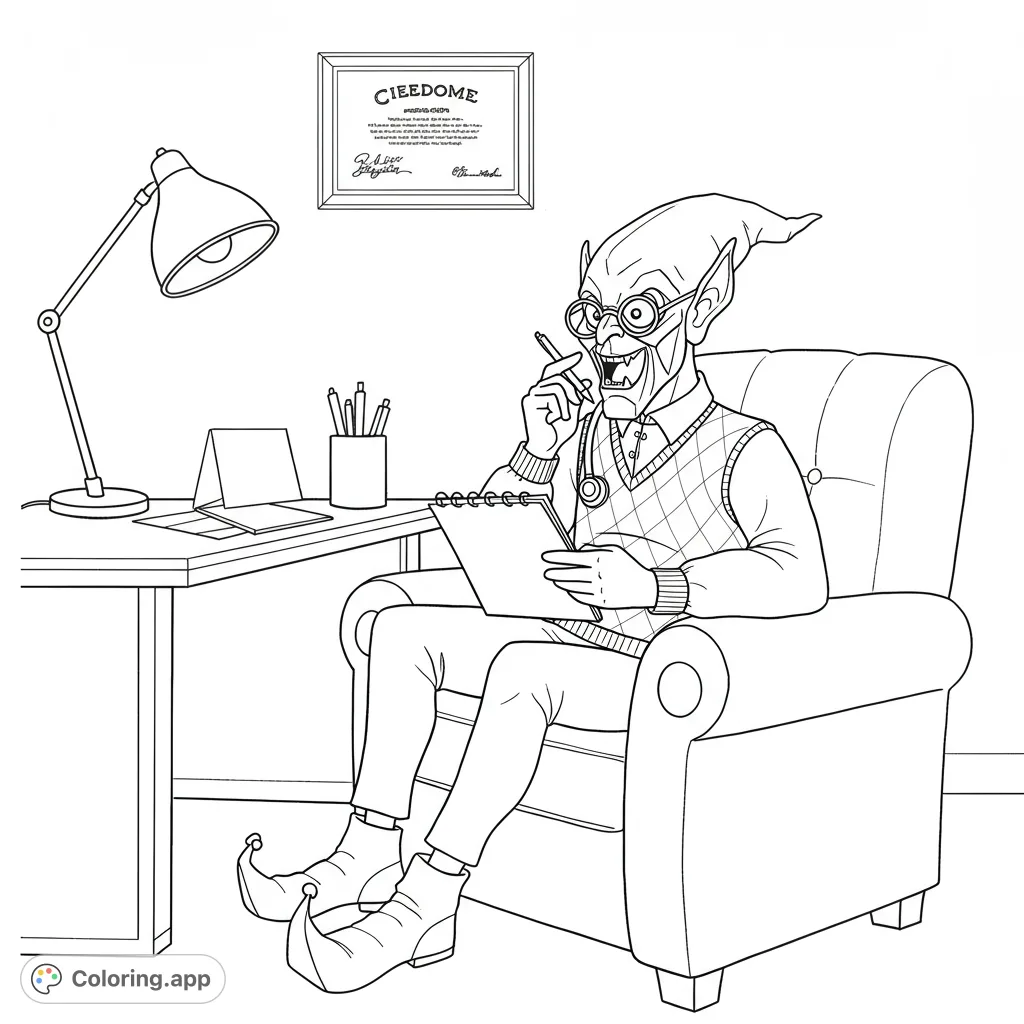 A unique Green Goblin coloring page featuring the villain as a therapist, intently listening with notepad and pen. A fun, free printable coloring page!