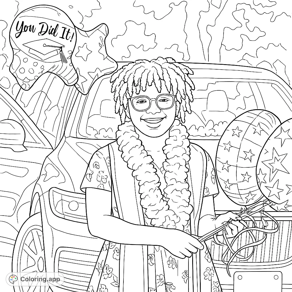 Celebrate achievement with this graduation coloring page featuring a smiling graduate, festive lei, and celebratory balloons. A free printable coloring page for all ages.