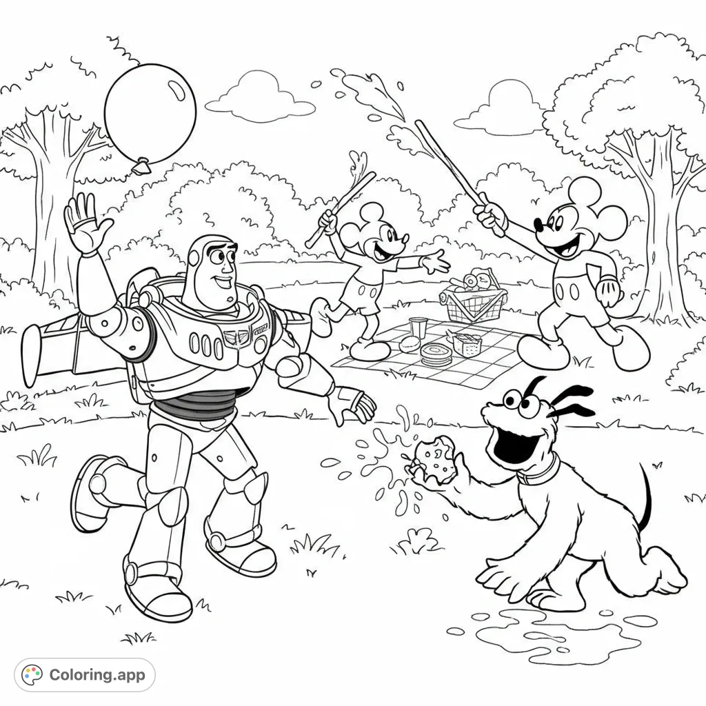Join Buzz, Cookie Monster, Mickey, and Pluto for a fun-filled park adventure! A playful scene perfect for a free printable cartoon character coloring page.