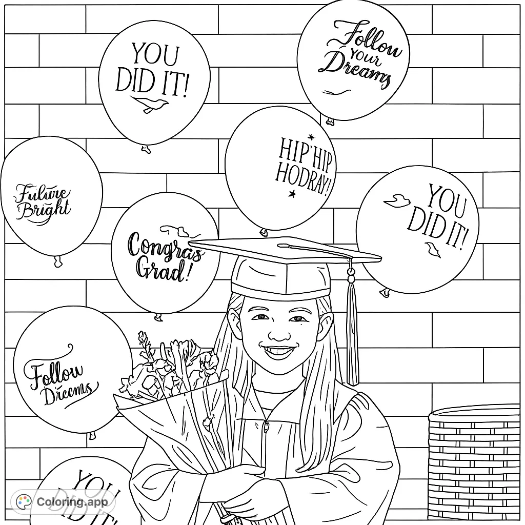 A joyful young graduate in cap and gown holds a bouquet, surrounded by celebratory balloons against a brick wall. Perfect for graduation coloring page fun!