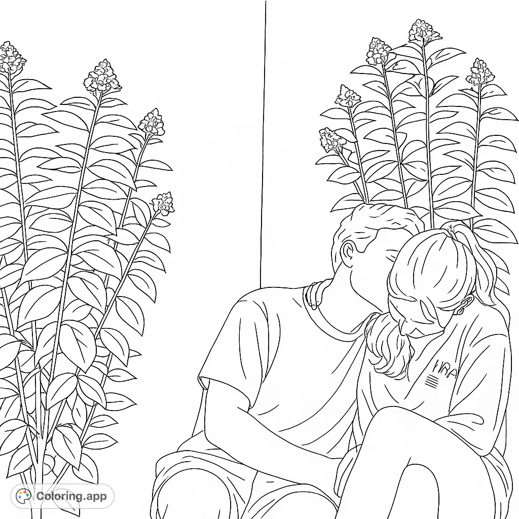 Capture a tender, intimate moment between two individuals surrounded by lush foliage and a night sky. A romantic free printable coloring page.