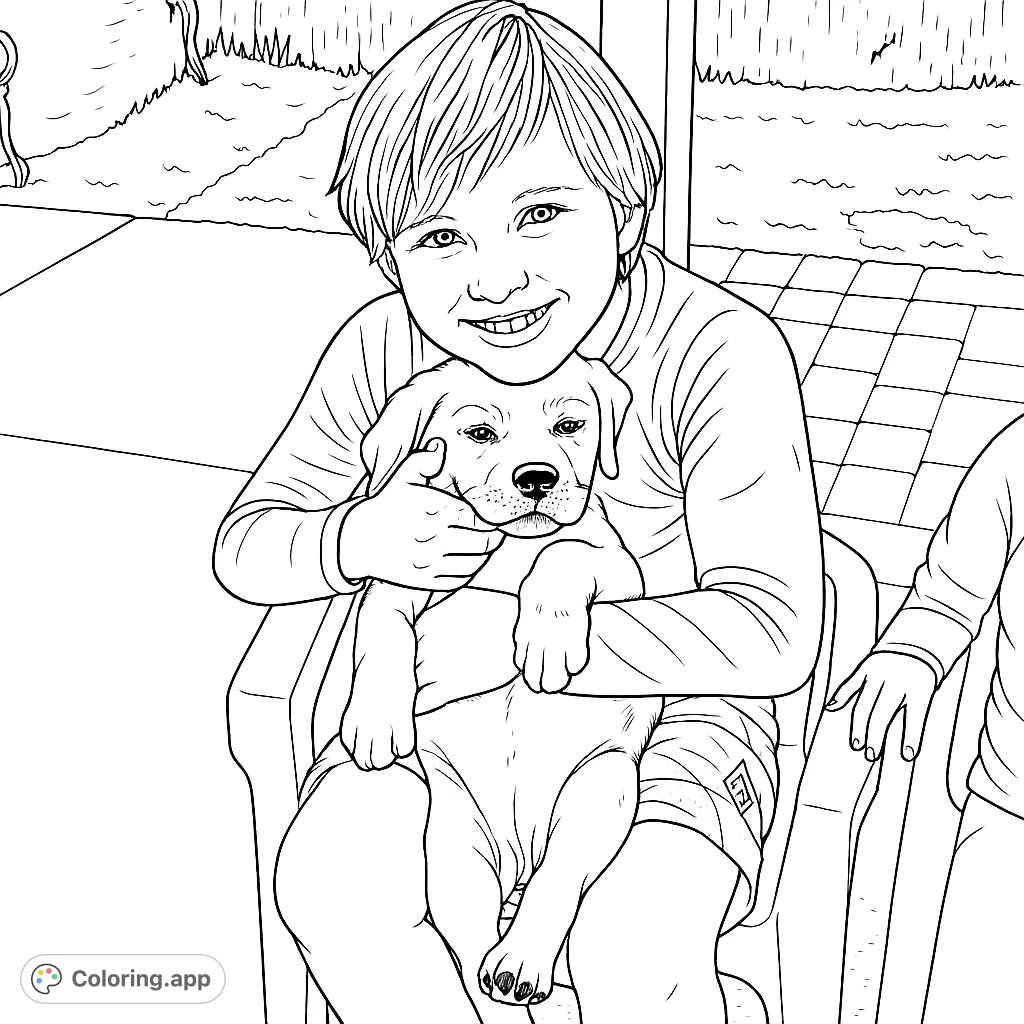 A heartwarming boy and puppy coloring page, perfect for animal lovers. Features a smiling boy cuddling a fluffy puppy on a chair.