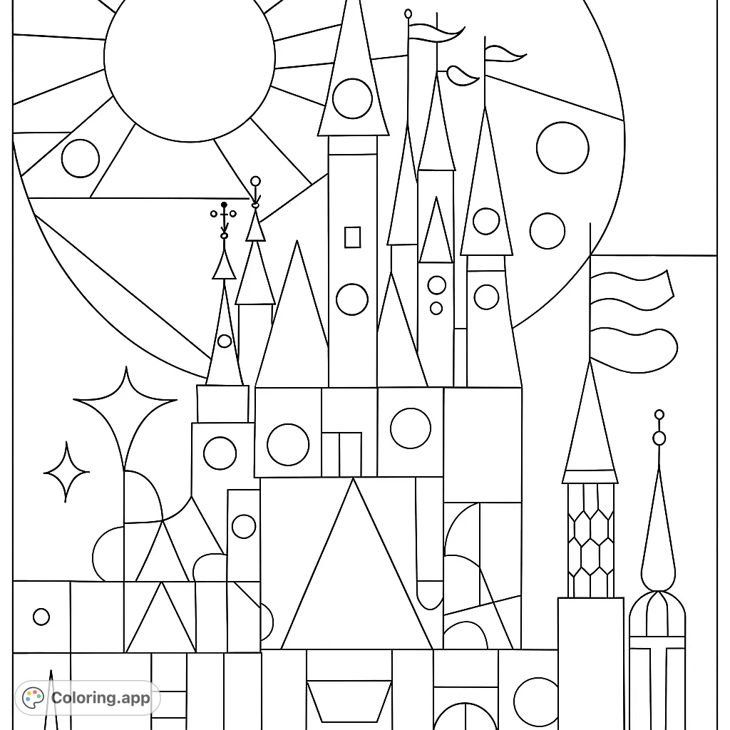 Color a whimsical abstract castle with towering spires and geometric shapes, set against a radiant sun. A fun, modern art-inspired design.