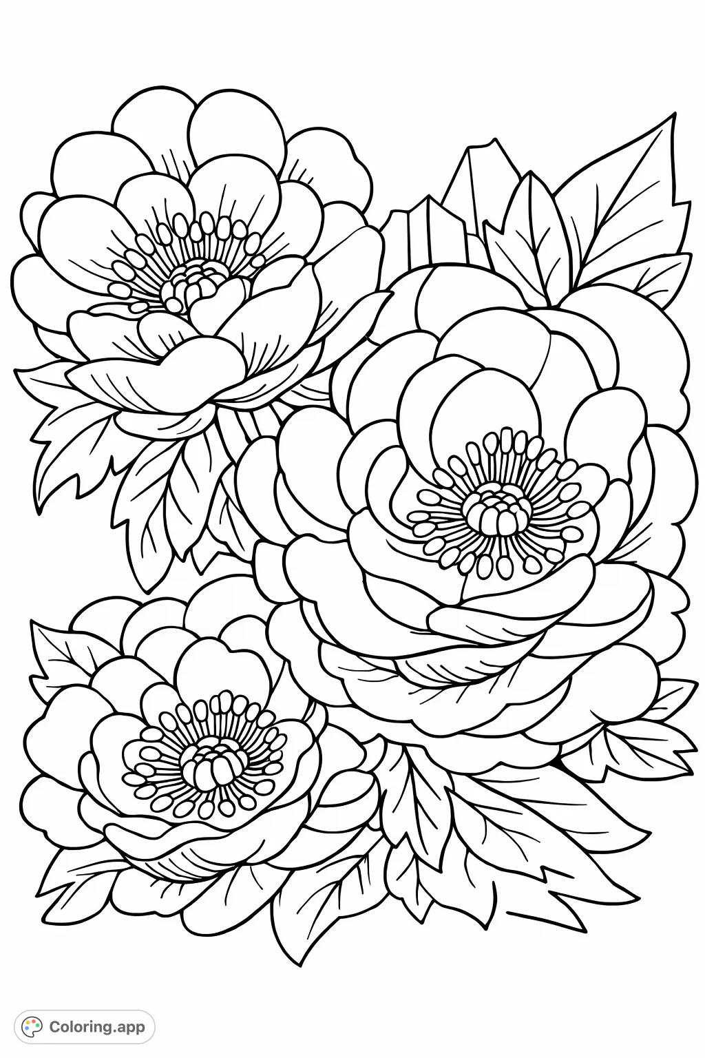 Immerse yourself in a lush floral display featuring large, cartoony blooms and intricate leaves. A captivating flower coloring page for all ages.