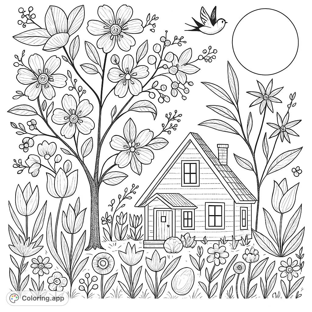 A delightful folk art-inspired scene featuring a cozy house surrounded by vibrant flowers, a majestic tree, and a cheerful sun. Perfect for a relaxing coloring experience.