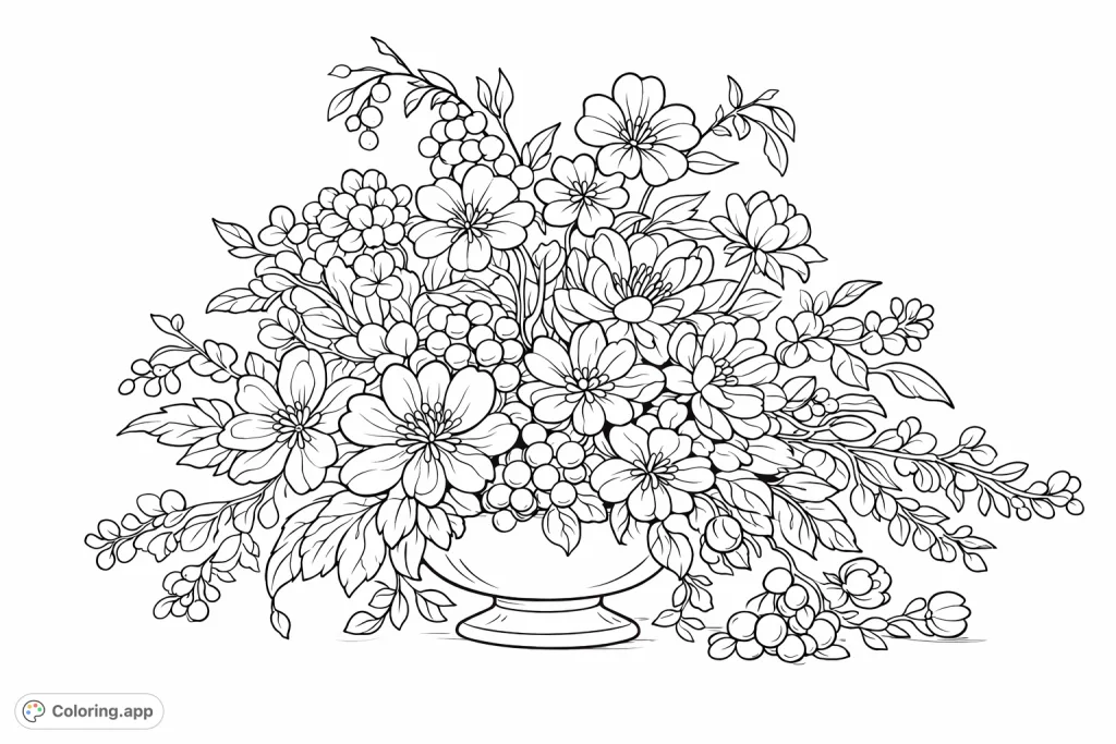 Discover a beautiful floral arrangement coloring page featuring a bountiful vase filled with various blossoms, delicate leaves, and berry clusters.