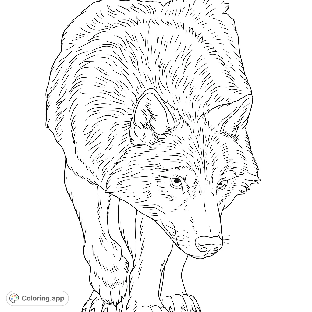 A detailed wolf coloring page featuring a majestic wolf with intricate fur, poised and looking downwards. Perfect for nature lovers and advanced colorists.