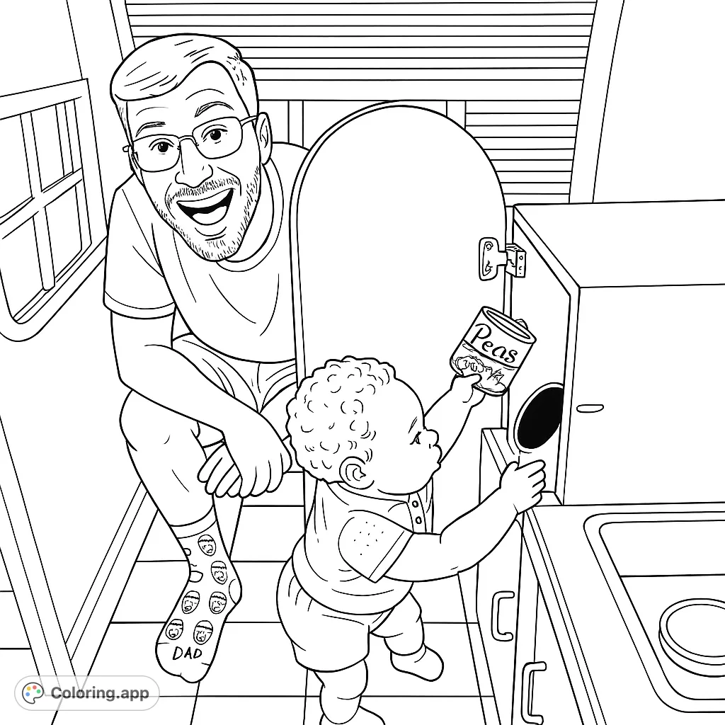 A joyful father and baby playing in a miniature kitchen, with dad smiling and baby exploring a cabinet. This free printable coloring page offers distinct areas for creative coloring.