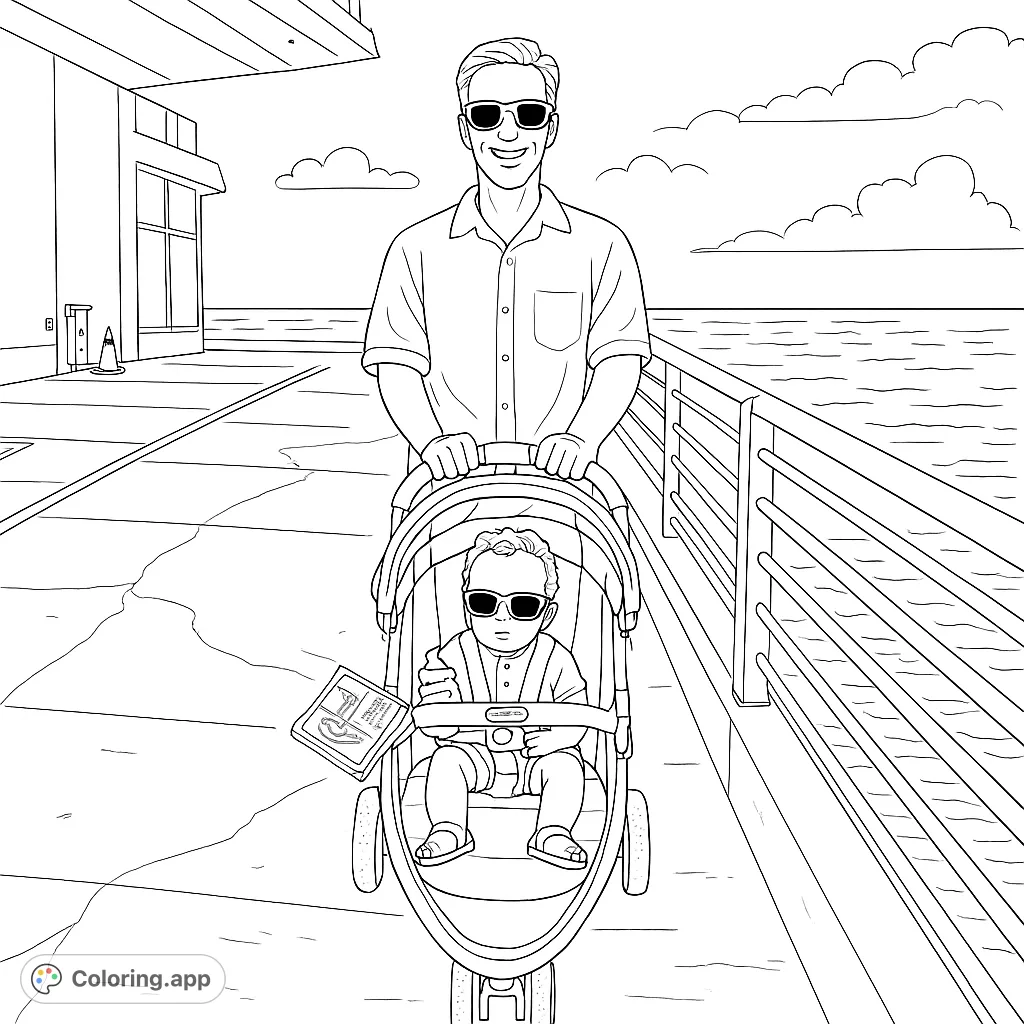 A heartwarming scene of a father pushing his baby in a stroller along a sunny pier, with a modern building and calm ocean in the background. Perfect for family fun!