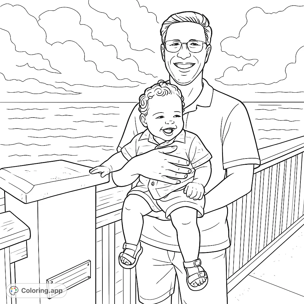 A heartwarming scene of a father holding his smiling baby on a pier overlooking the ocean. Perfect for family-themed coloring.