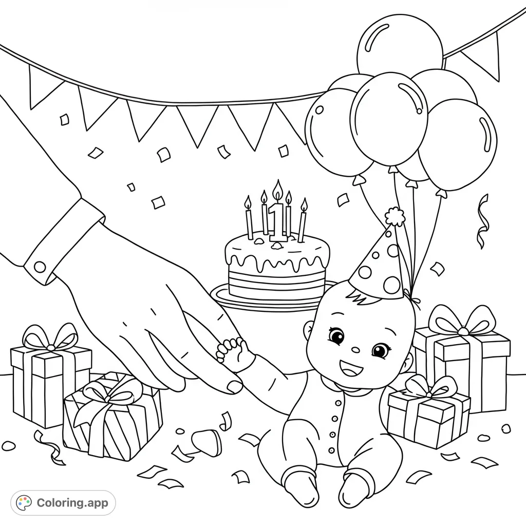 A heartwarming first birthday coloring page featuring a father and baby's hands, cake, and balloons. Perfect for celebrating dad's special day!