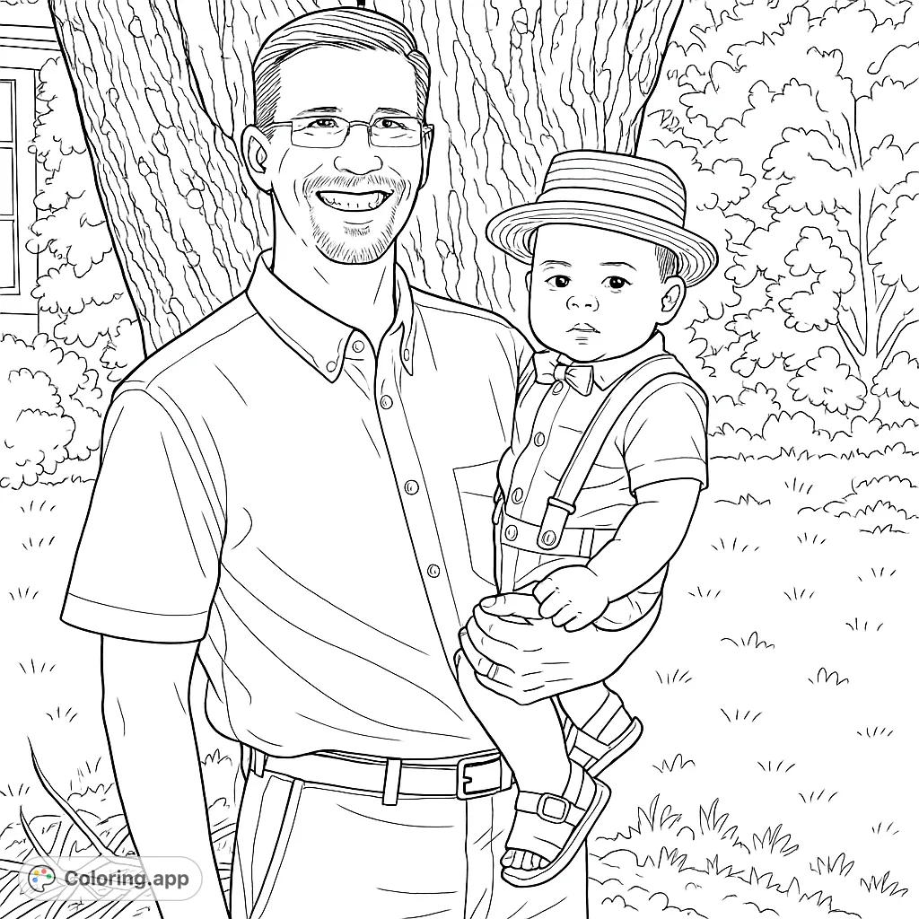 A joyful father holds his baby son in a cute hat and bow tie, standing by a textured tree. A heartwarming family moment to color.